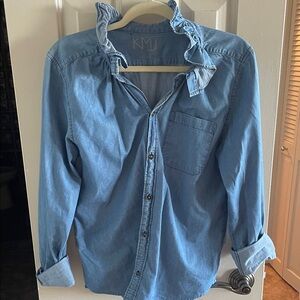 KMJ Women's Light Blue Button Down Shirt ruffle collar